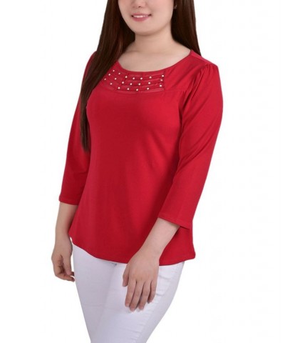 Women's Crepe Knit Top with Strip Details Red $13.02 Tops