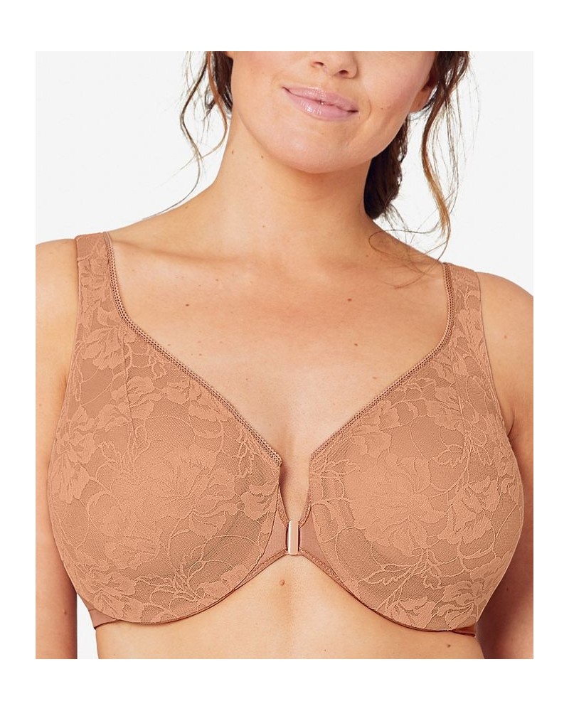 Women's Full Figure Wonderwire Front Close Stretch Lace Bra with Narrow Set Straps Brown $19.82 Bras
