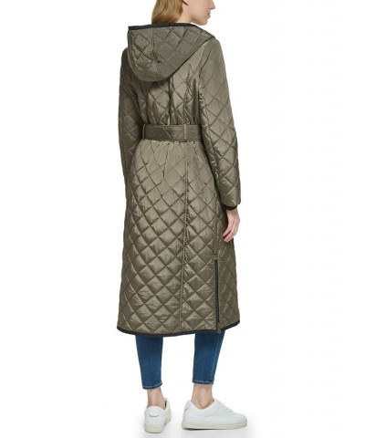 Women's Long Hooded Self Tie Quilted Coat Green $84.00 Coats