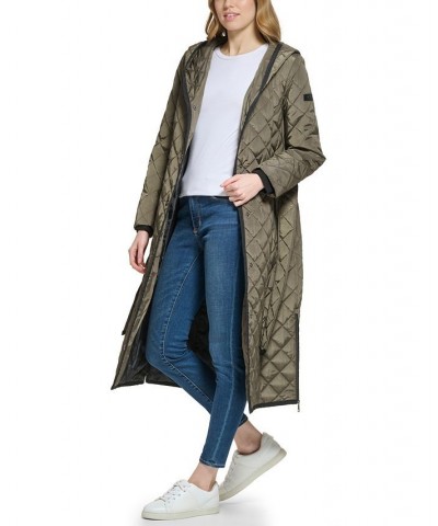 Women's Long Hooded Self Tie Quilted Coat Green $84.00 Coats
