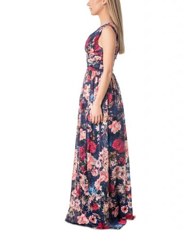 Women's Pleated High-Slit Gown Navy Multi $86.18 Dresses
