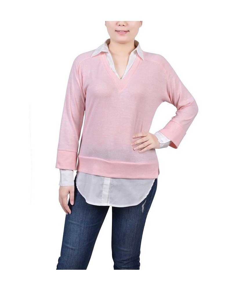 Petite Long Sleeve Two-Fer Top Peach White $14.08 Tops