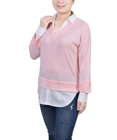 Petite Long Sleeve Two-Fer Top Peach White $14.08 Tops