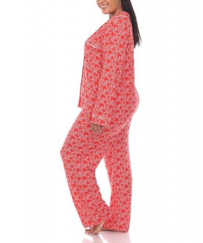 Plus Size 2 Piece Long Sleeve Heart Print Pajama Set Red $28.60 Sleepwear