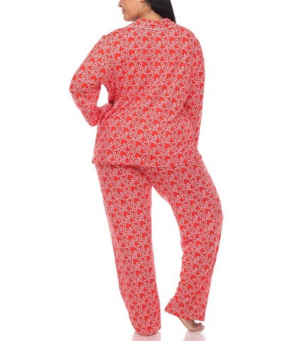 Plus Size 2 Piece Long Sleeve Heart Print Pajama Set Red $28.60 Sleepwear
