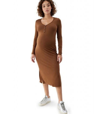 Women's Maternity Ribbed Henley Dress Brown $35.64 Dresses