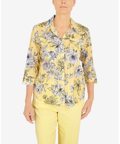 Women's Summer in The City Etched Floral Button Down Top Yellow $18.37 Tops