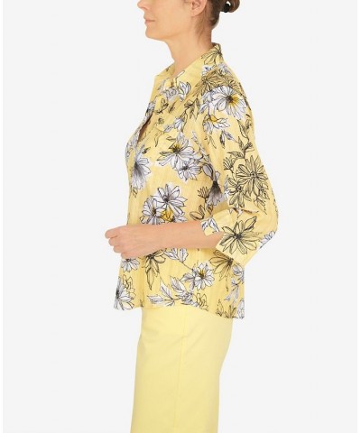 Women's Summer in The City Etched Floral Button Down Top Yellow $18.37 Tops