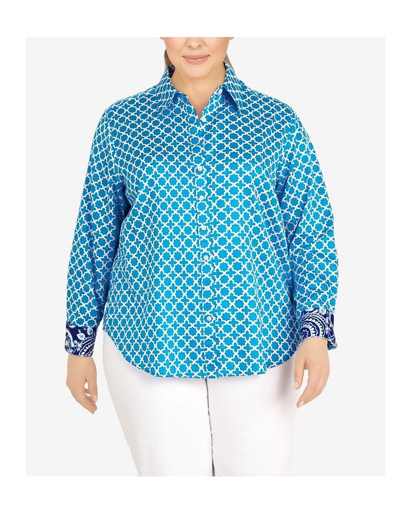 Plus Size Wrinkle Resistant Printed Button Down Lagoon Multi $37.44 Tops