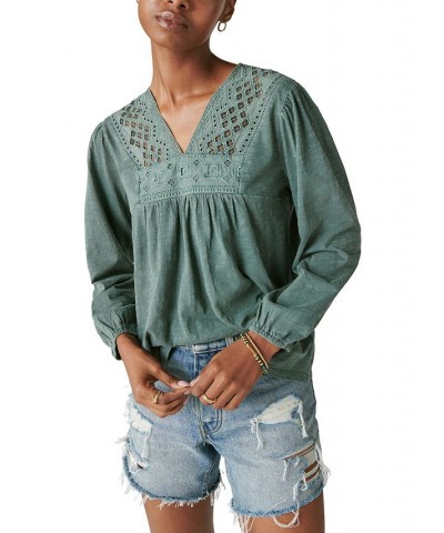 Women's Cotton Embroidered-Bib Top Green $42.79 Tops