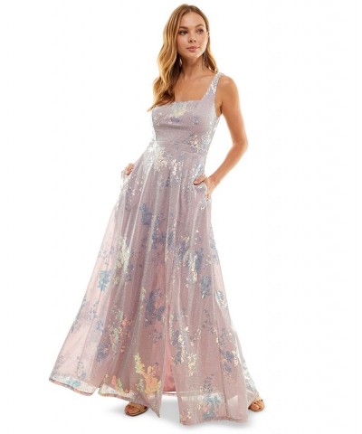 Juniors' Sequin Square-Neck Metallic Gown Pale Pink $55.77 Dresses
