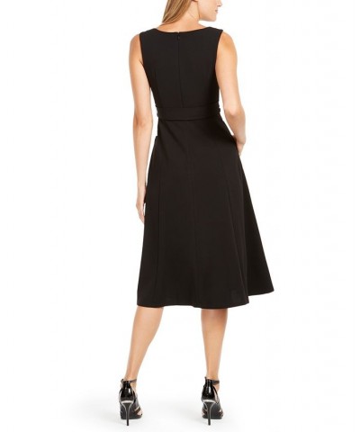 Women's V-Neck Sleeveless Belted Dress Black $50.99 Dresses