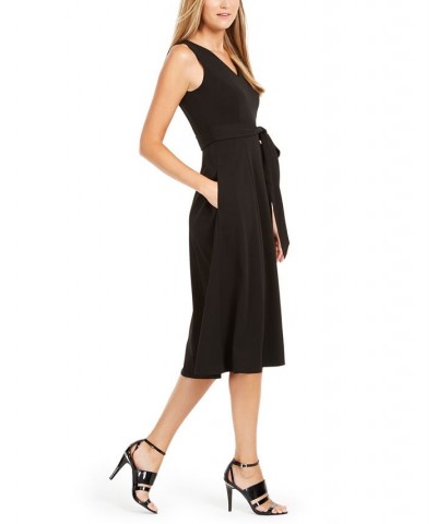 Women's V-Neck Sleeveless Belted Dress Black $50.99 Dresses