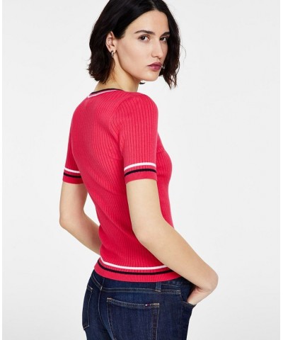 Women's Ribbed Striped-Trim Sweater Pink $23.70 Sweaters