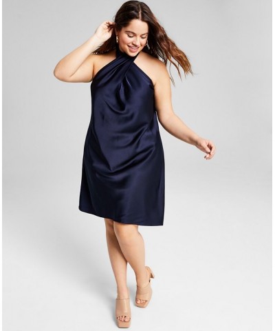 Trendy Plus Size Satin Keyhole Halter Dress Midnight $14.15 Dresses