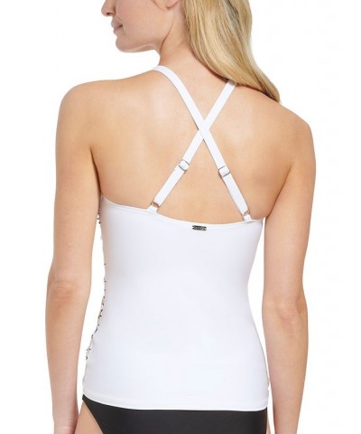 Women's Printed High-Neck Cross-Back Tankini Swim Top Soft White Outline Floral $46.64 Swimsuits