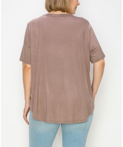 Plus Size Double Binding Swing Short Sleeve T-Shirt Brown $19.00 Tops