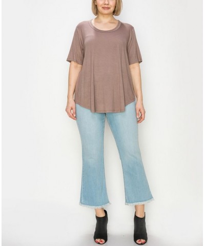 Plus Size Double Binding Swing Short Sleeve T-Shirt Brown $19.00 Tops
