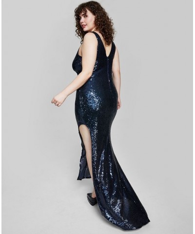 Trendy Plus Size Sequined V-Neck Gown Navy $46.44 Dresses