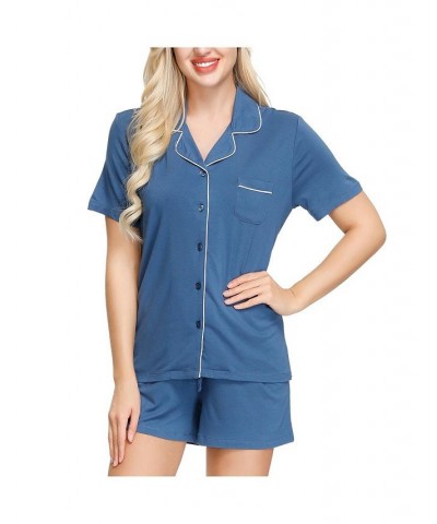 Women's Notch Pajama Top and Short Set Blue $31.00 Sleepwear