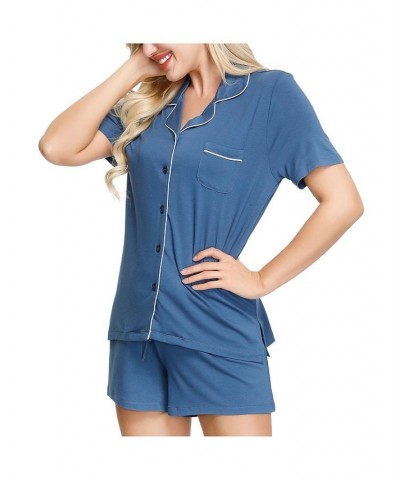 Women's Notch Pajama Top and Short Set Blue $31.00 Sleepwear