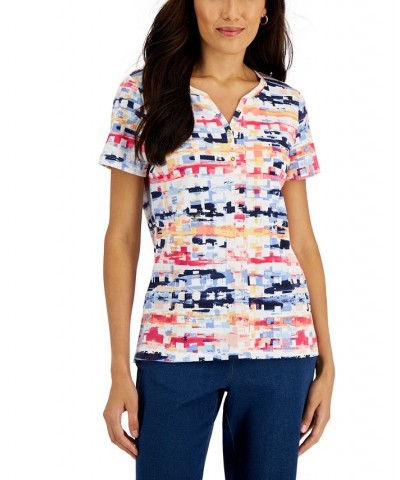 Women's Printed Short-Sleeve Henley Top Bright White $10.44 Tops