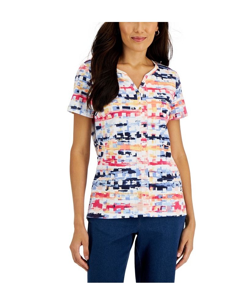 Women's Printed Short-Sleeve Henley Top Bright White $10.44 Tops