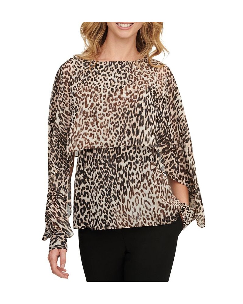 Women's Leopard-Print Cape-Sleeve Blouse Charc/silv $40.29 Tops