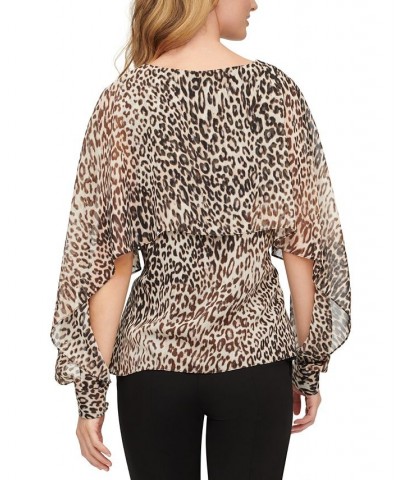 Women's Leopard-Print Cape-Sleeve Blouse Charc/silv $40.29 Tops