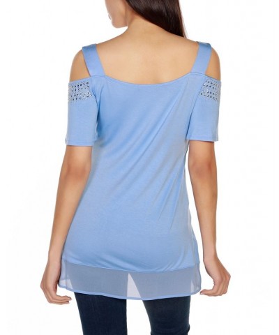 Women's Embellished Cold-Shoulder Top Blue $32.39 Tops