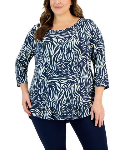 Plus Size Zebra Print 3/4-Sleeve Top Blue $14.85 Tops