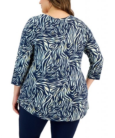 Plus Size Zebra Print 3/4-Sleeve Top Blue $14.85 Tops