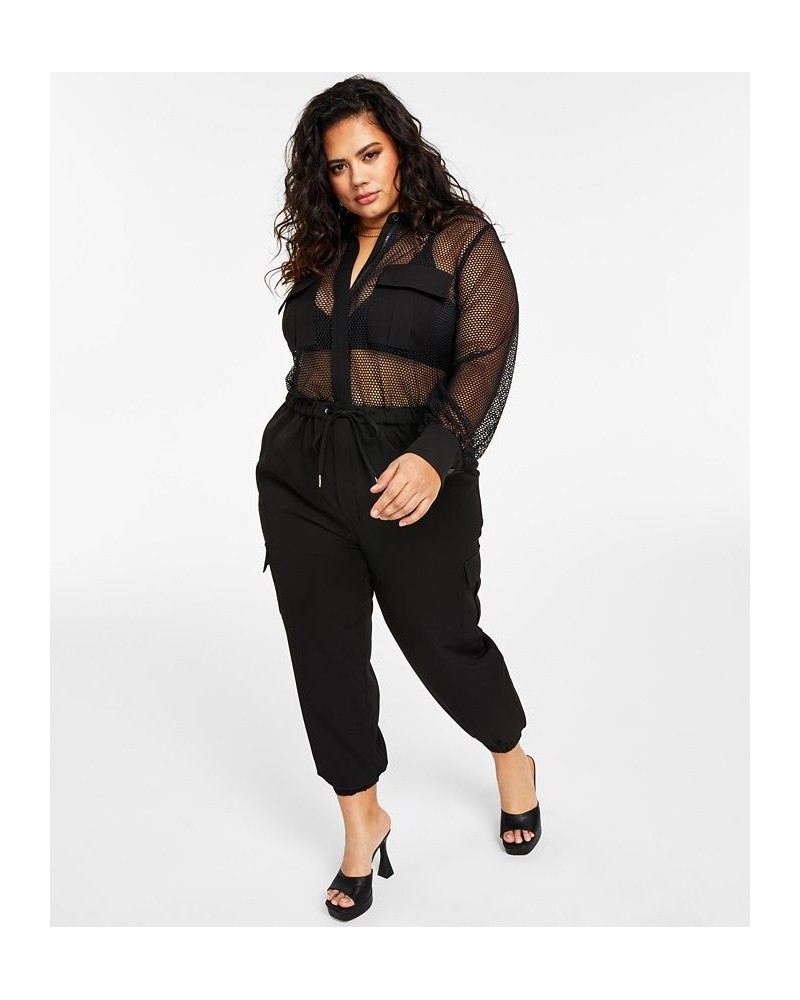Trendy Plus Size Mesh-Top Jumpsuit Black Beauty $35.02 Pants