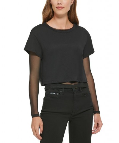 Women's Mesh Layered-Look Cropped T-Shirt Black $25.81 Tops