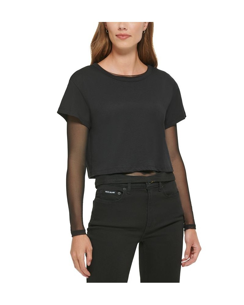 Women's Mesh Layered-Look Cropped T-Shirt Black $25.81 Tops