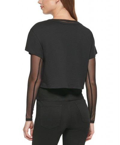 Women's Mesh Layered-Look Cropped T-Shirt Black $25.81 Tops