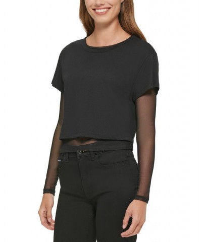 Women's Mesh Layered-Look Cropped T-Shirt Black $25.81 Tops