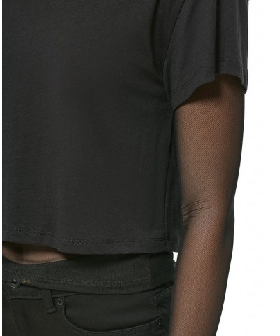 Women's Mesh Layered-Look Cropped T-Shirt Black $25.81 Tops