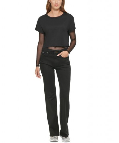 Women's Mesh Layered-Look Cropped T-Shirt Black $25.81 Tops