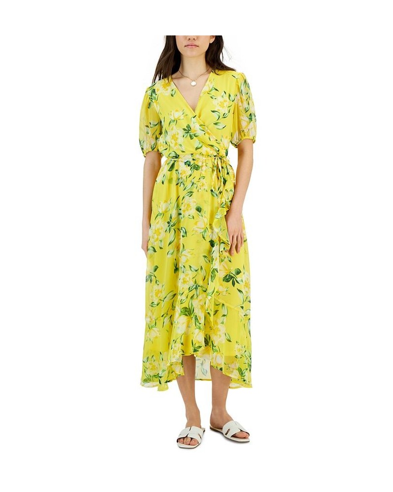 Petite Floral-Print Surplice V-Neck Puff-Sleeved Maxi Dress Yellow $21.76 Dresses