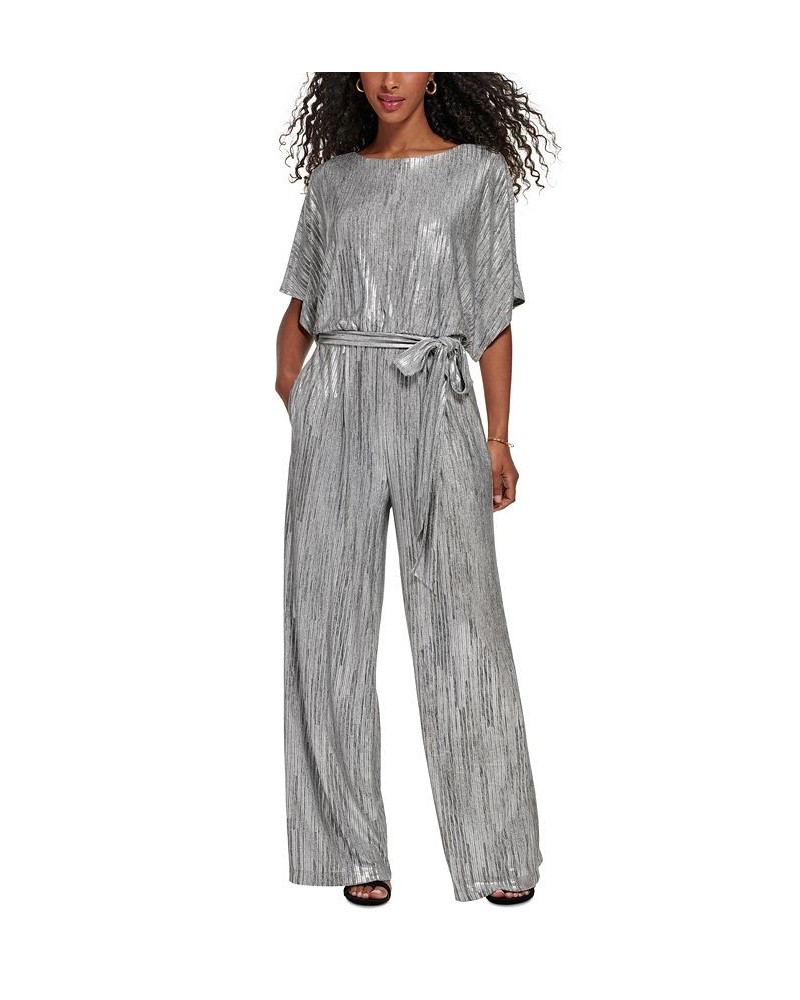 Women's Foil-Print Tie-Waist Jumpsuit Silver $63.94 Pants