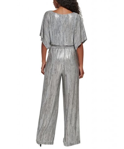 Women's Foil-Print Tie-Waist Jumpsuit Silver $63.94 Pants