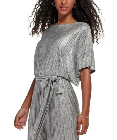 Women's Foil-Print Tie-Waist Jumpsuit Silver $63.94 Pants