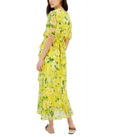 Petite Floral-Print Surplice V-Neck Puff-Sleeved Maxi Dress Yellow $21.76 Dresses
