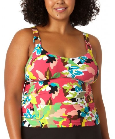 Plus Size O-Ring Printed Tankini Top Pink Multi Foral $32.00 Swimsuits