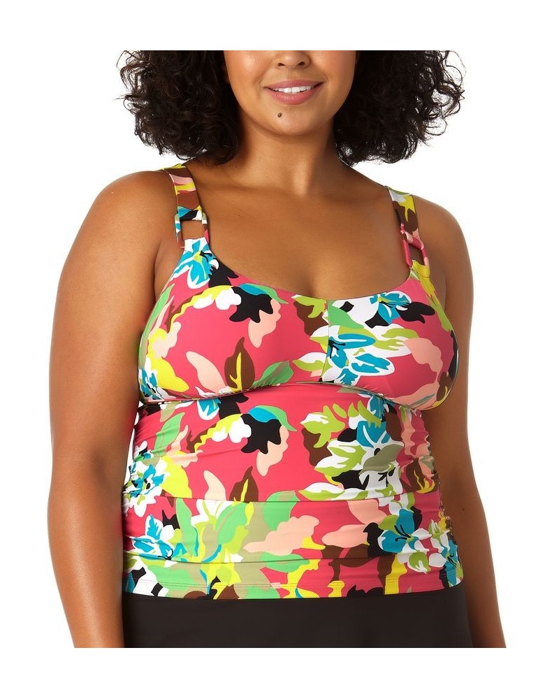 Plus Size O-Ring Printed Tankini Top Pink Multi Foral $32.00 Swimsuits