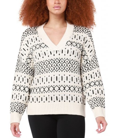 Petite V-Neck Intarsia-Knit Sweater Cream/black $30.34 Sweaters