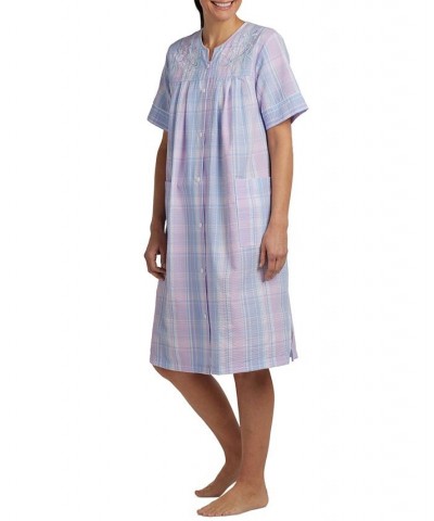 Short-Sleeve Snap-Front Seersucker Robe Blue Plaid $20.09 Sleepwear