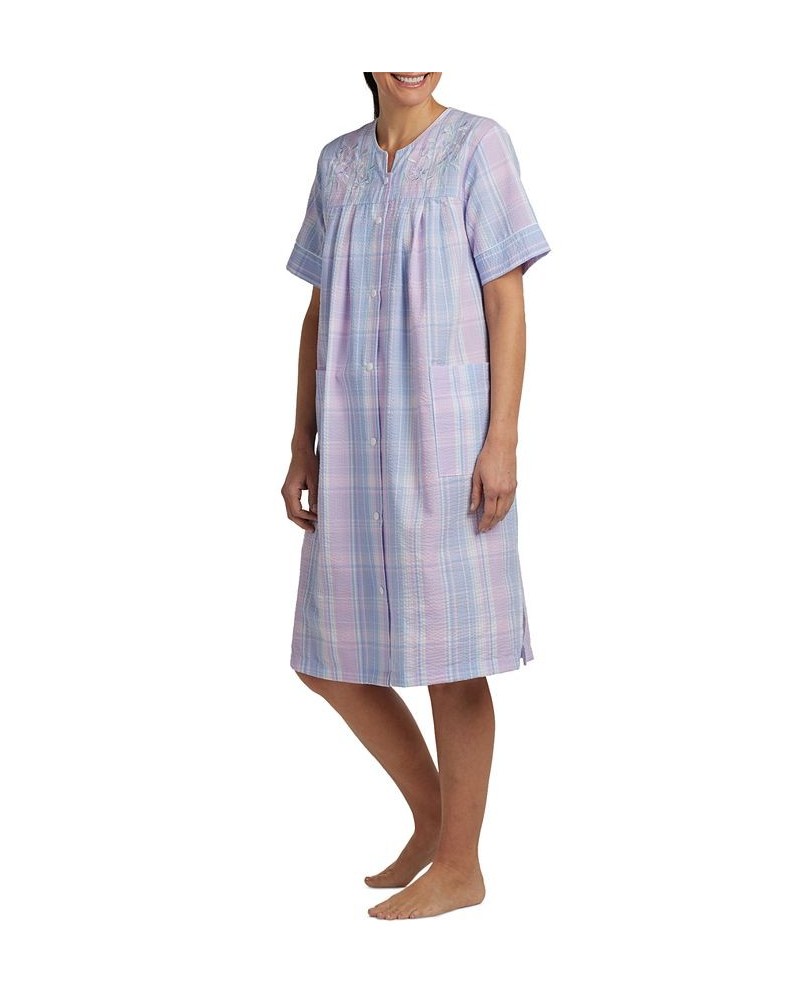 Short-Sleeve Snap-Front Seersucker Robe Blue Plaid $20.09 Sleepwear