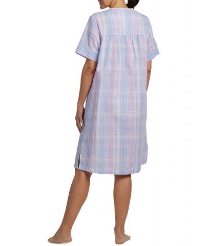 Short-Sleeve Snap-Front Seersucker Robe Blue Plaid $20.09 Sleepwear